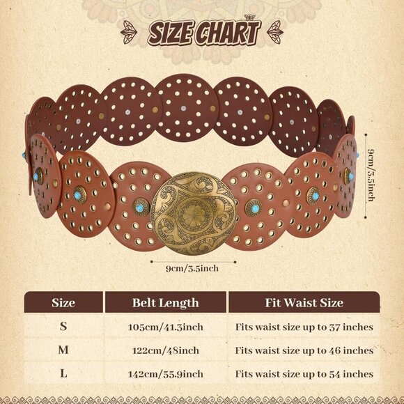 Western Faux Leather Belt for Women Boho Cowgirl Wide Disk Concho Style main image 7